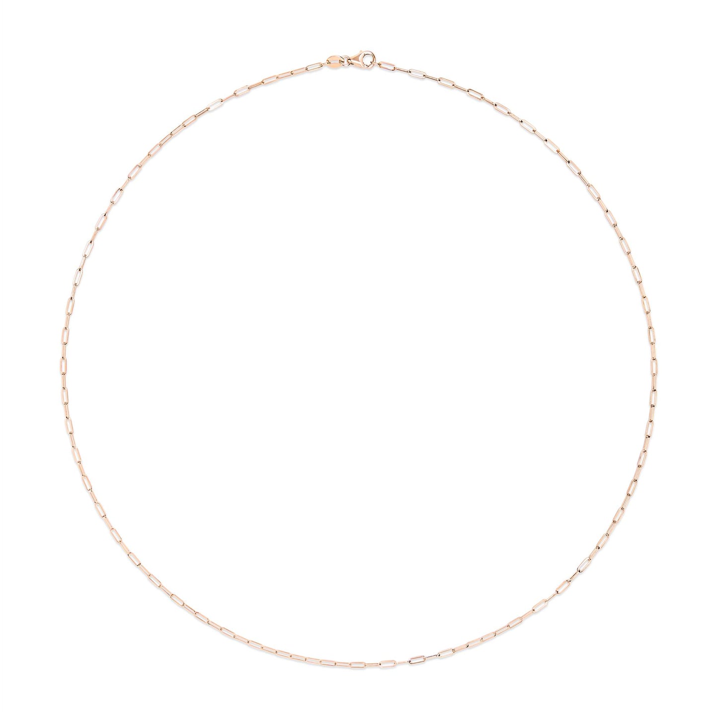 Top-down view of a rose-colored metal chain with elongated rectangular links and a clasp.