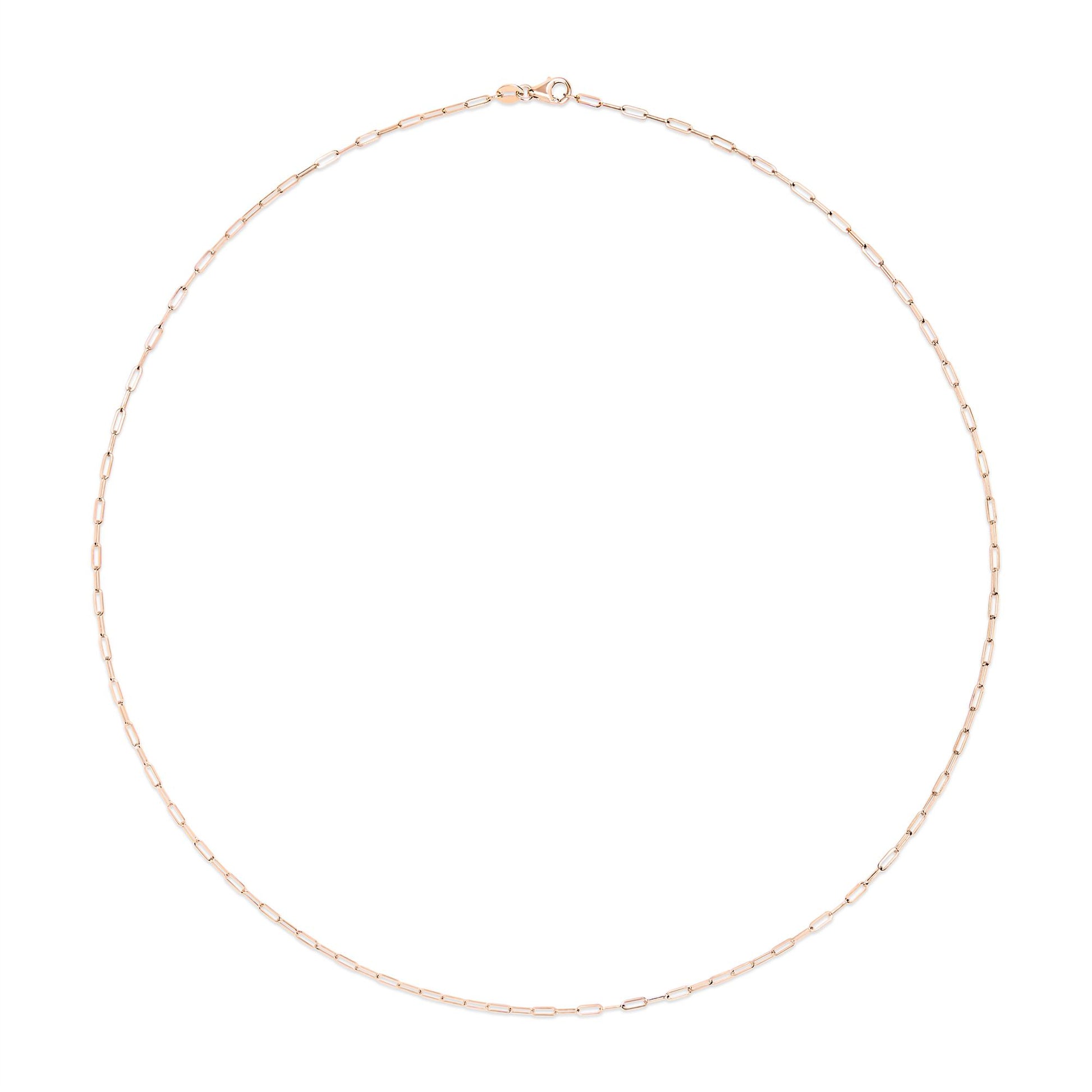 Top-down view of a rose-colored metal chain with elongated rectangular links and a clasp.