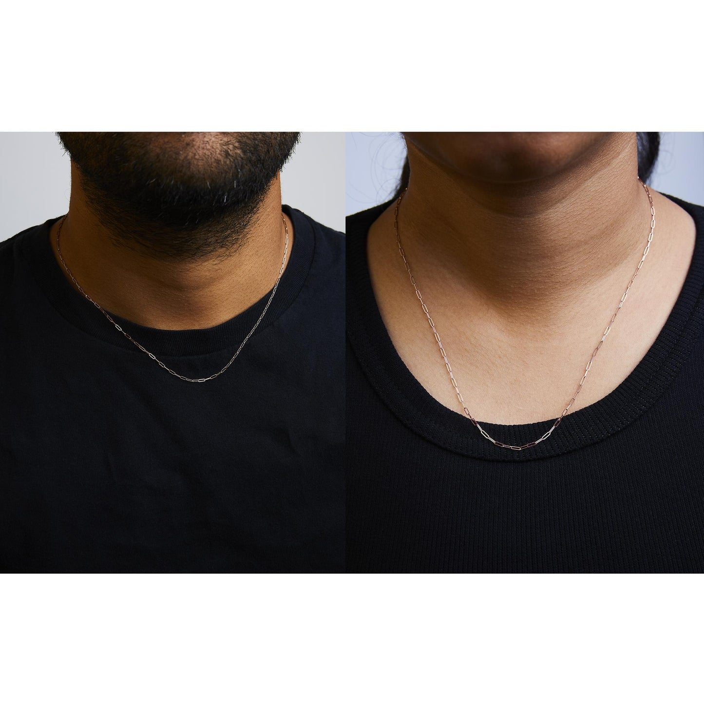 Side-by-side images showing a rose-colored chain necklace with elongated links worn by a male model on the left and a female model on the right, both shot from the front.