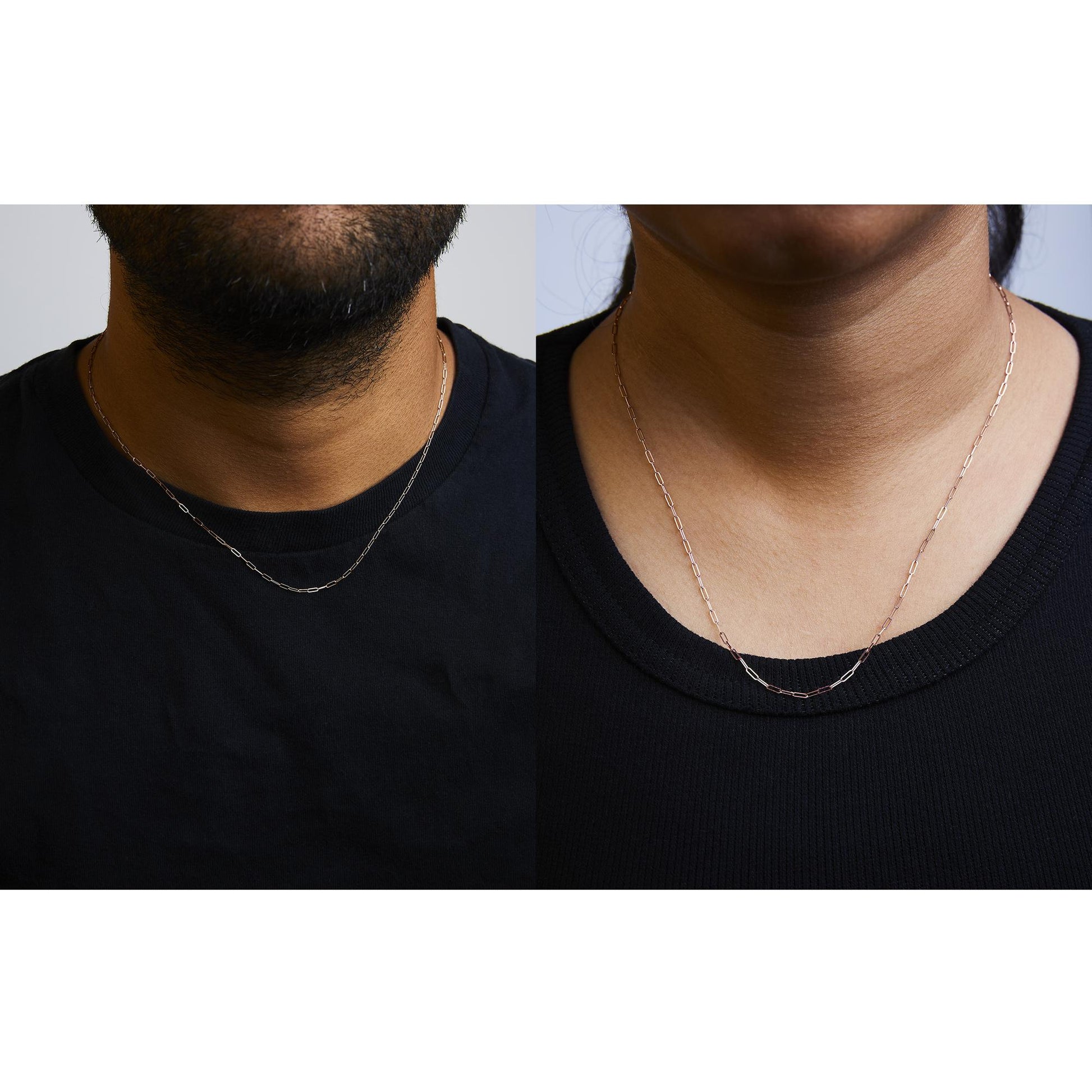 Side-by-side images showing a rose-colored chain necklace with elongated links worn by a male model on the left and a female model on the right, both shot from the front.