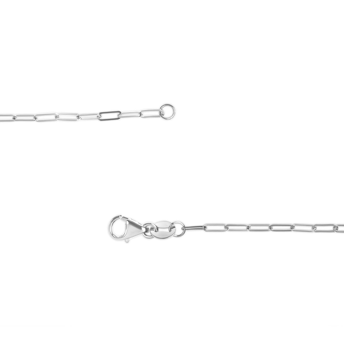 Close-up top view of a white metal chain with rectangular links and a lobster clasp on a white background.
