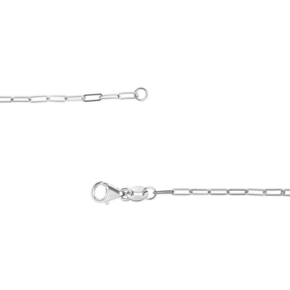 Close-up top view of a white metal chain with rectangular links and a lobster clasp on a white background.
