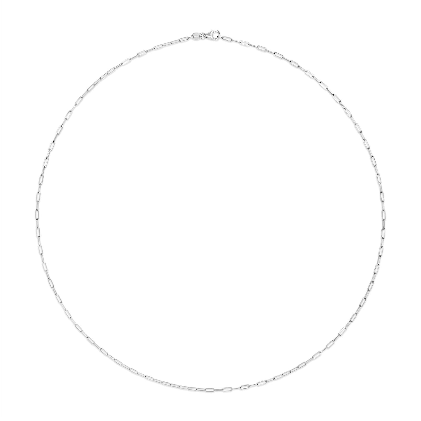 Top view of a white chain necklace with elongated rectangular links and a spring ring clasp, laid flat on a white background.