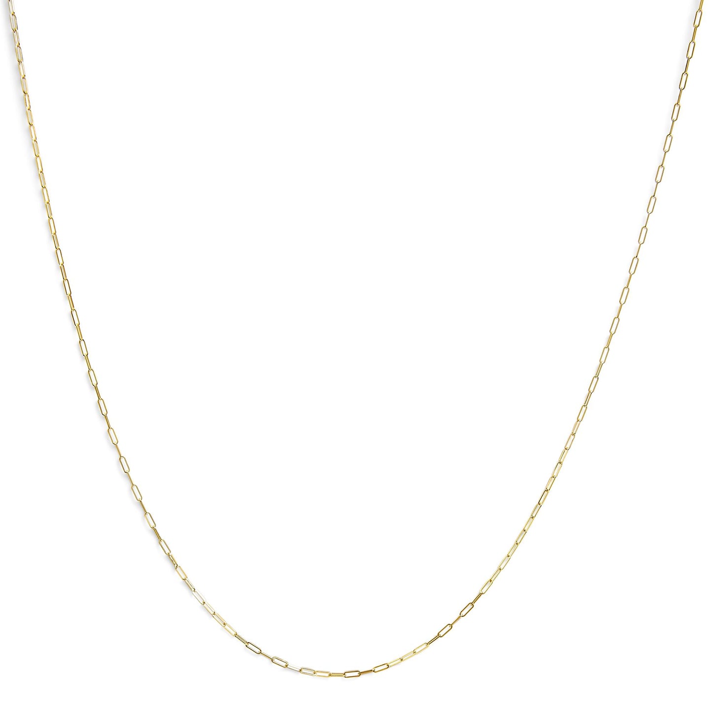 Front-facing view of a delicate yellow chain with elongated rectangular links laid flat against a white background.