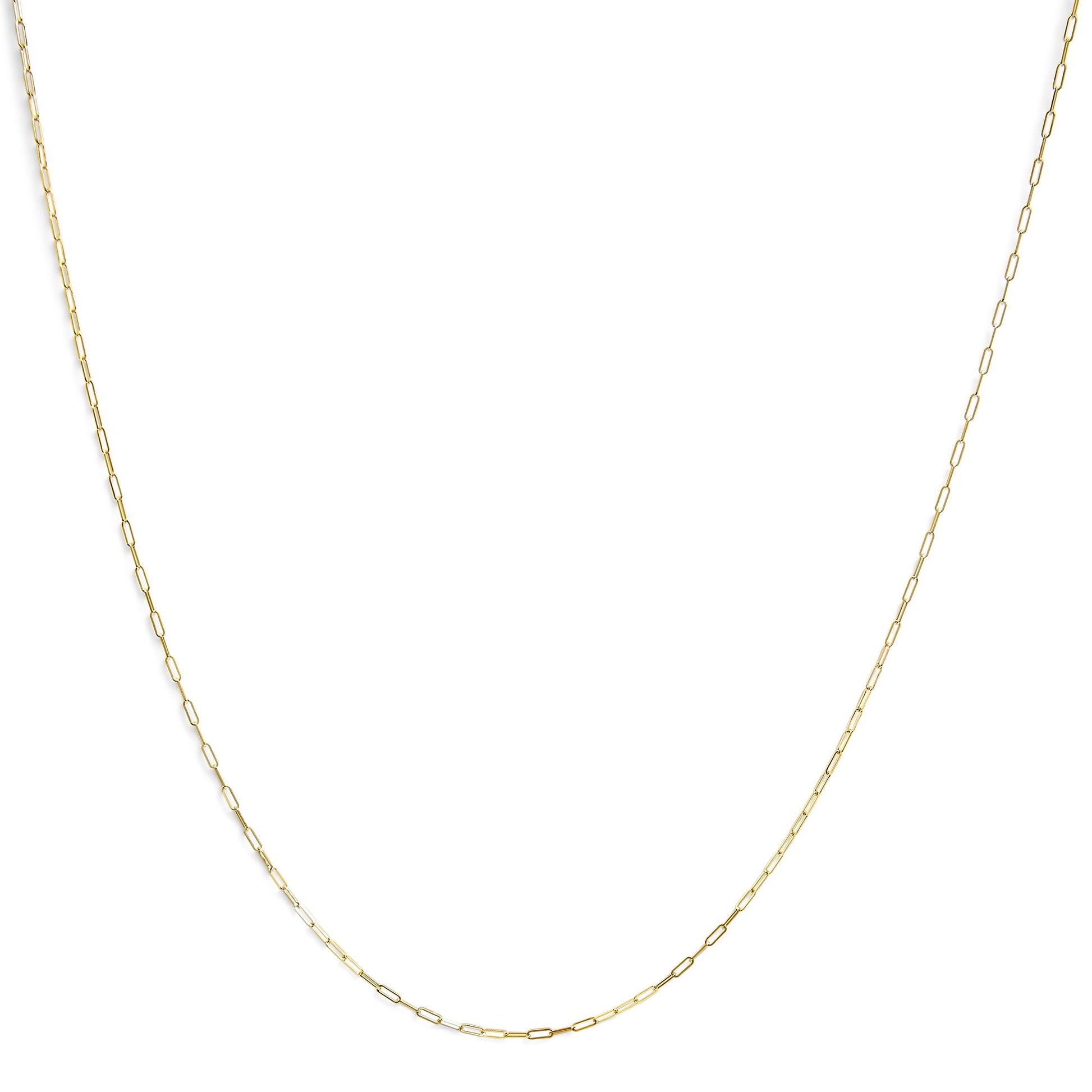 Front-facing view of a delicate yellow chain with elongated rectangular links laid flat against a white background.