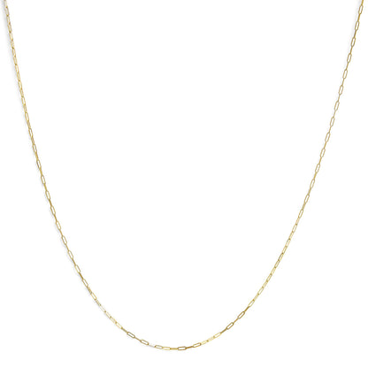 Front-facing view of a delicate yellow chain with elongated rectangular links laid flat against a white background.