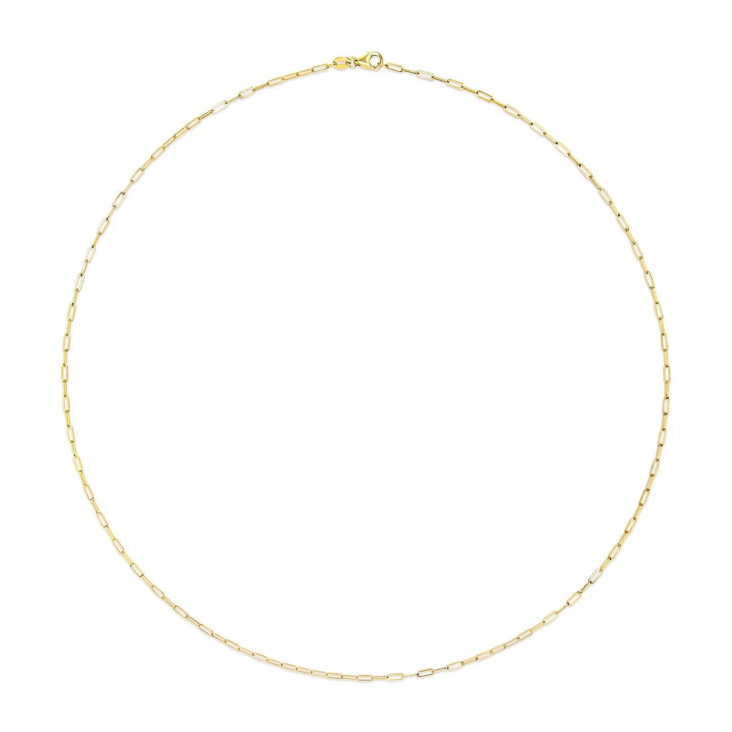 Top-down view of a delicate yellow chain necklace with elongated links and a spring clasp.