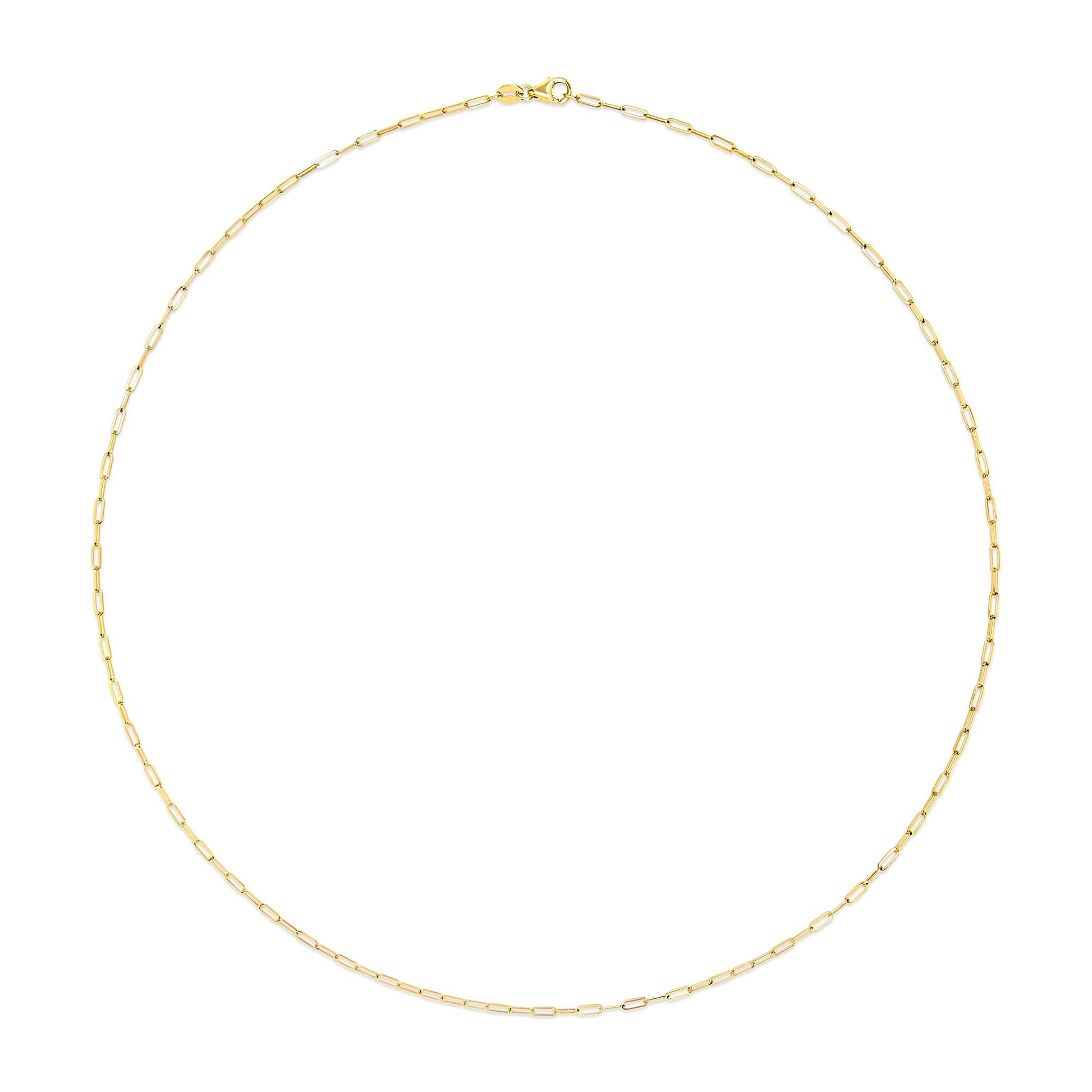 Top-down view of a delicate yellow chain necklace with elongated links and a spring clasp.