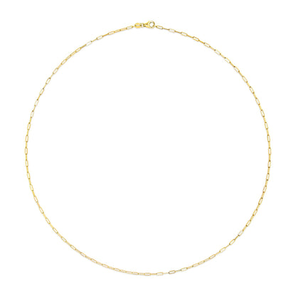 Top-down view of a delicate yellow chain necklace with elongated links and a spring clasp.