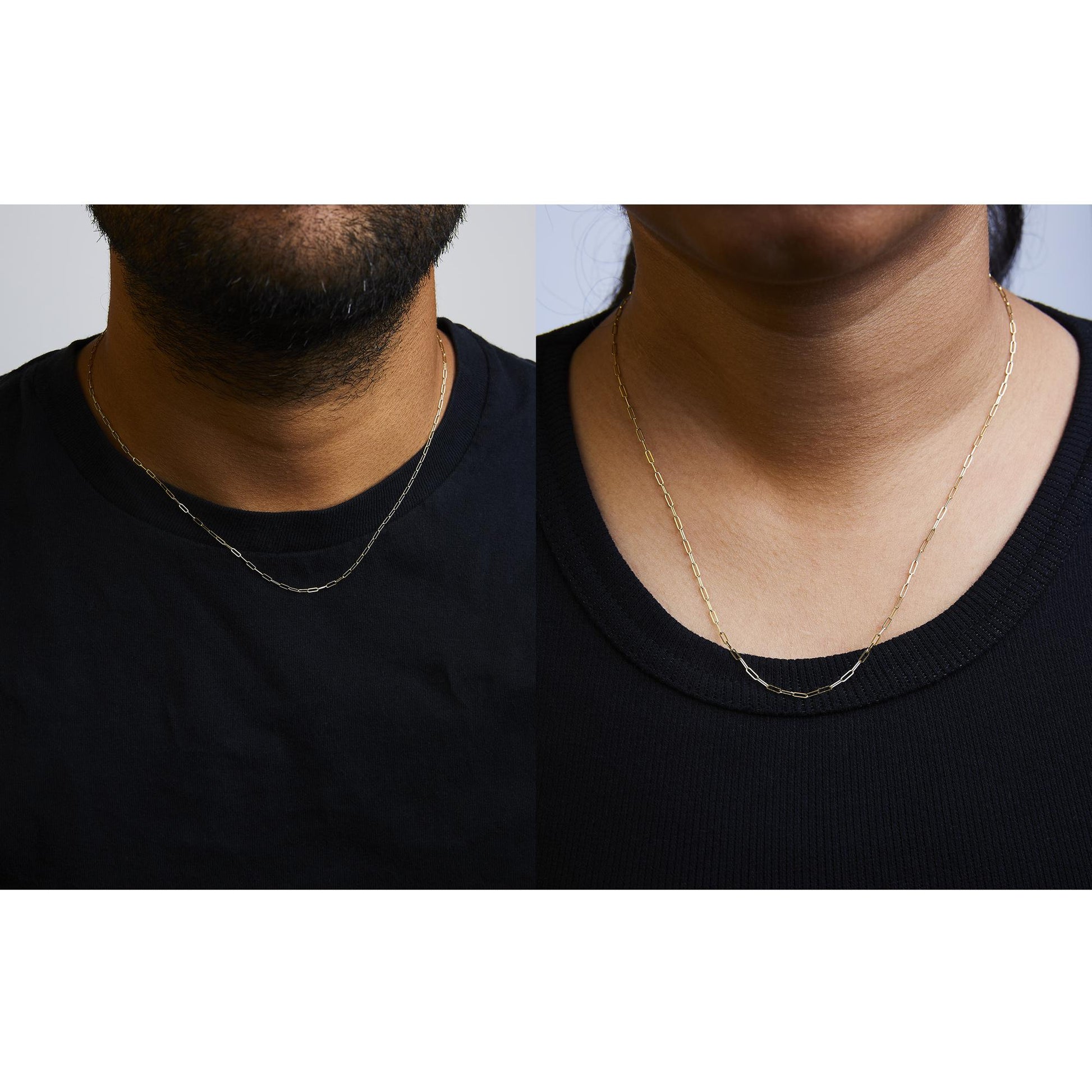 Side-by-side close-up images of a yellow metal chain necklace on two models wearing black tops, shown from the neck to upper chest at a frontal angle.