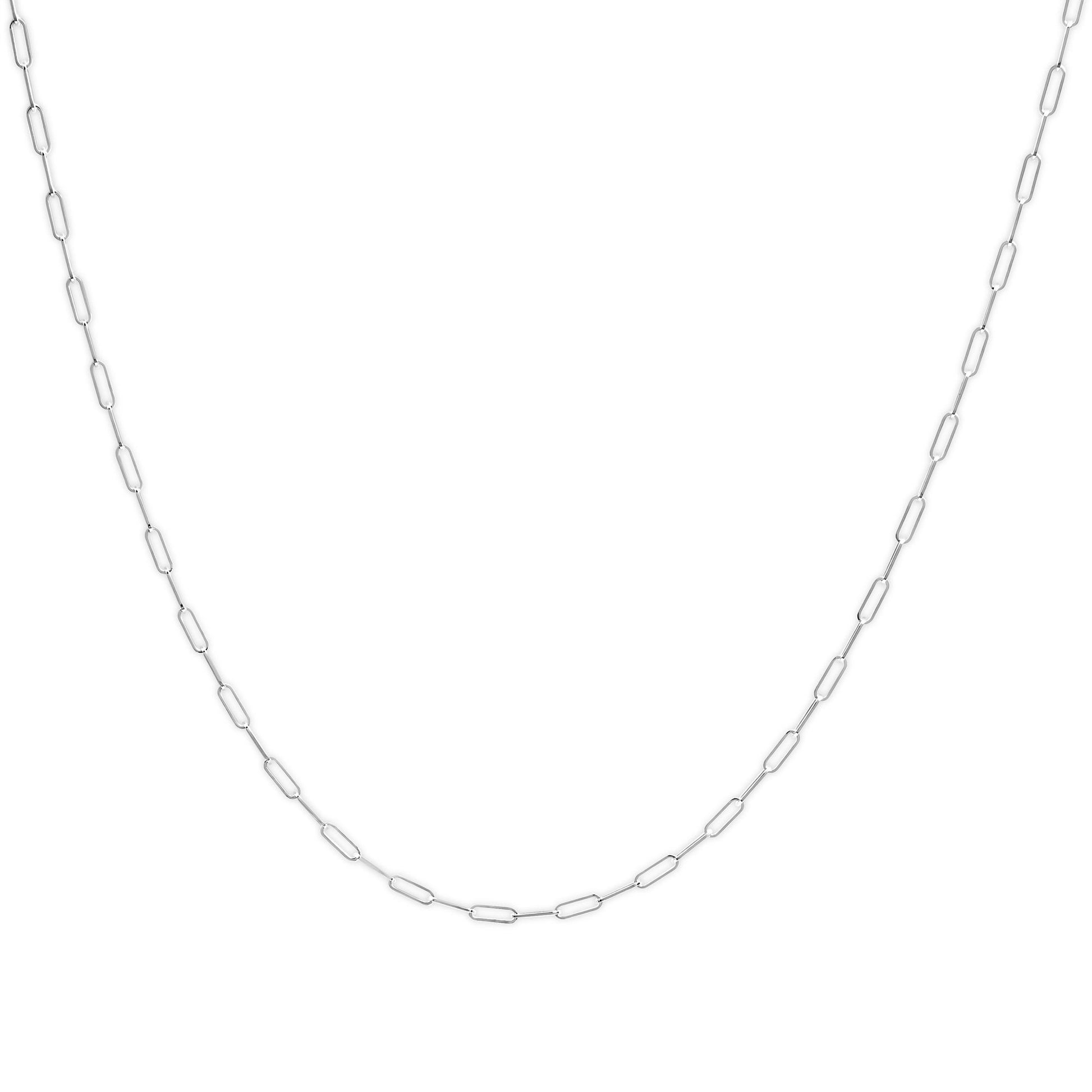 Front-facing close-up of a white metal chain with elongated rectangular links against a white background.