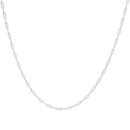 Front-facing close-up of a white metal chain with elongated rectangular links against a white background.