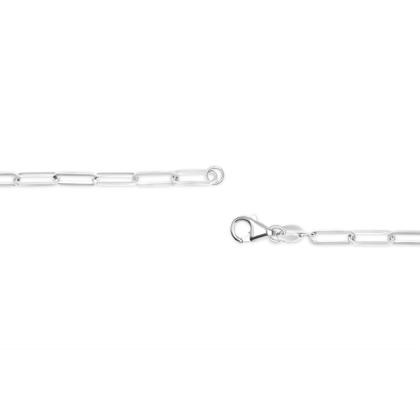 Close-up angle of a white metal chain with elongated links and a lobster clasp on a white background.