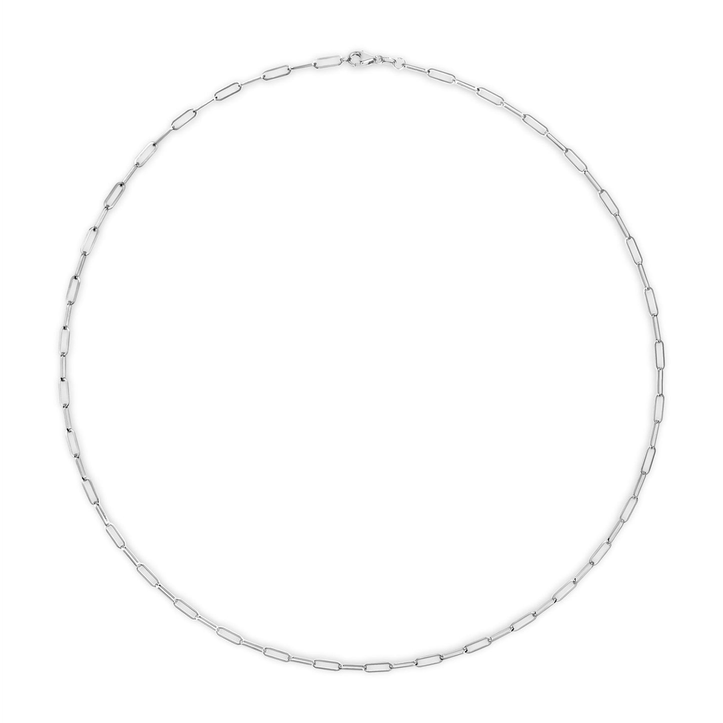 Top-down view of a white metal chain with elongated rectangular links arranged in a circle.