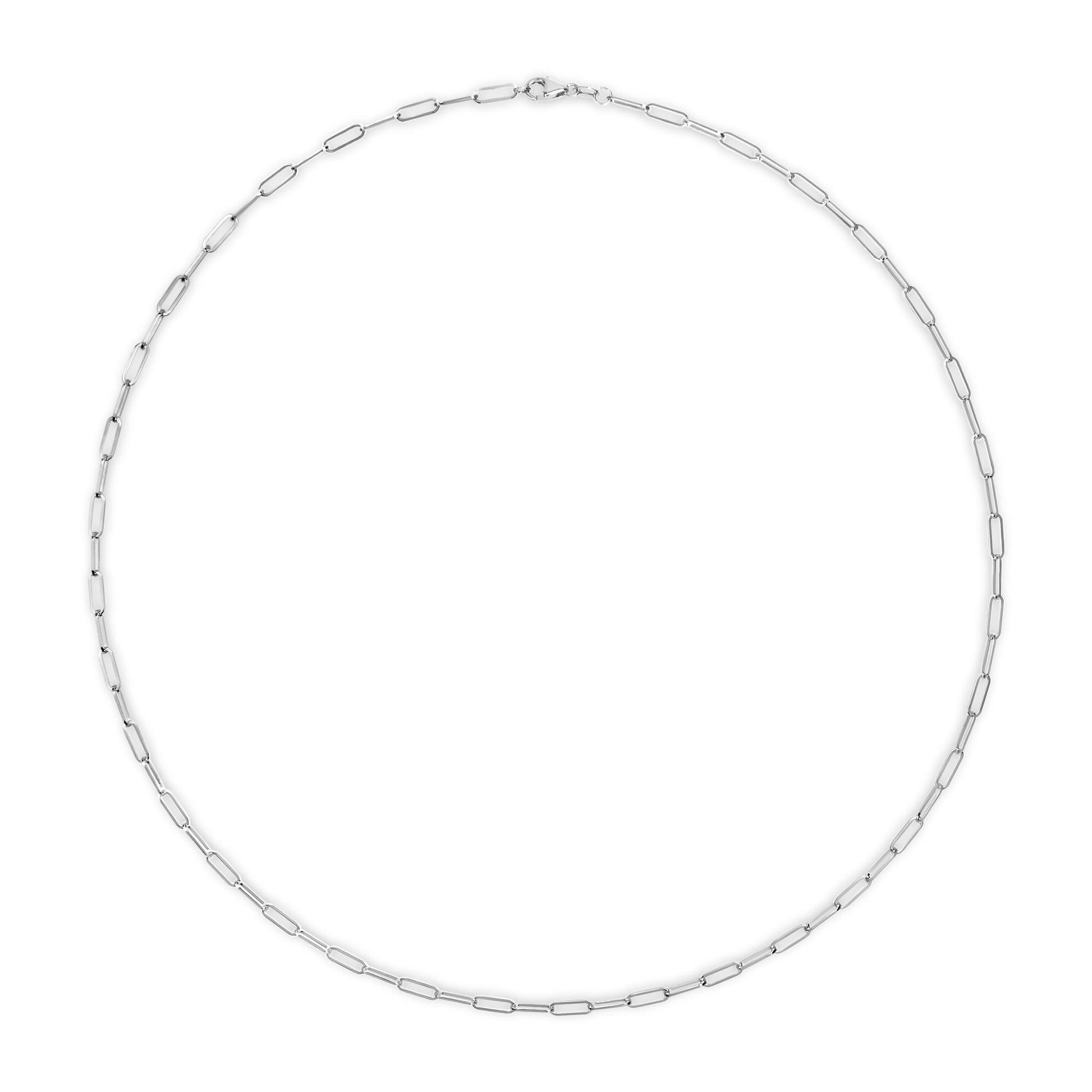Top-down view of a white metal chain with elongated rectangular links arranged in a circle.