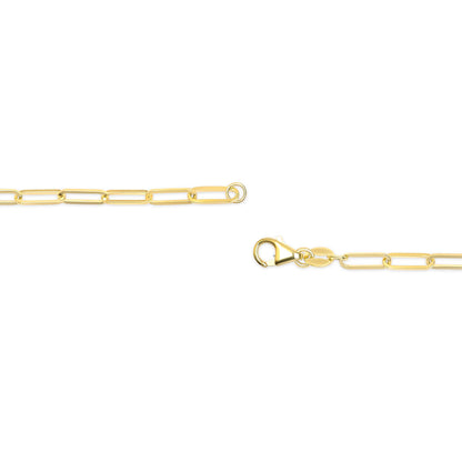 Close-up front angle of a yellow metal chain with elongated links and a lobster clasp closure on a white background.
