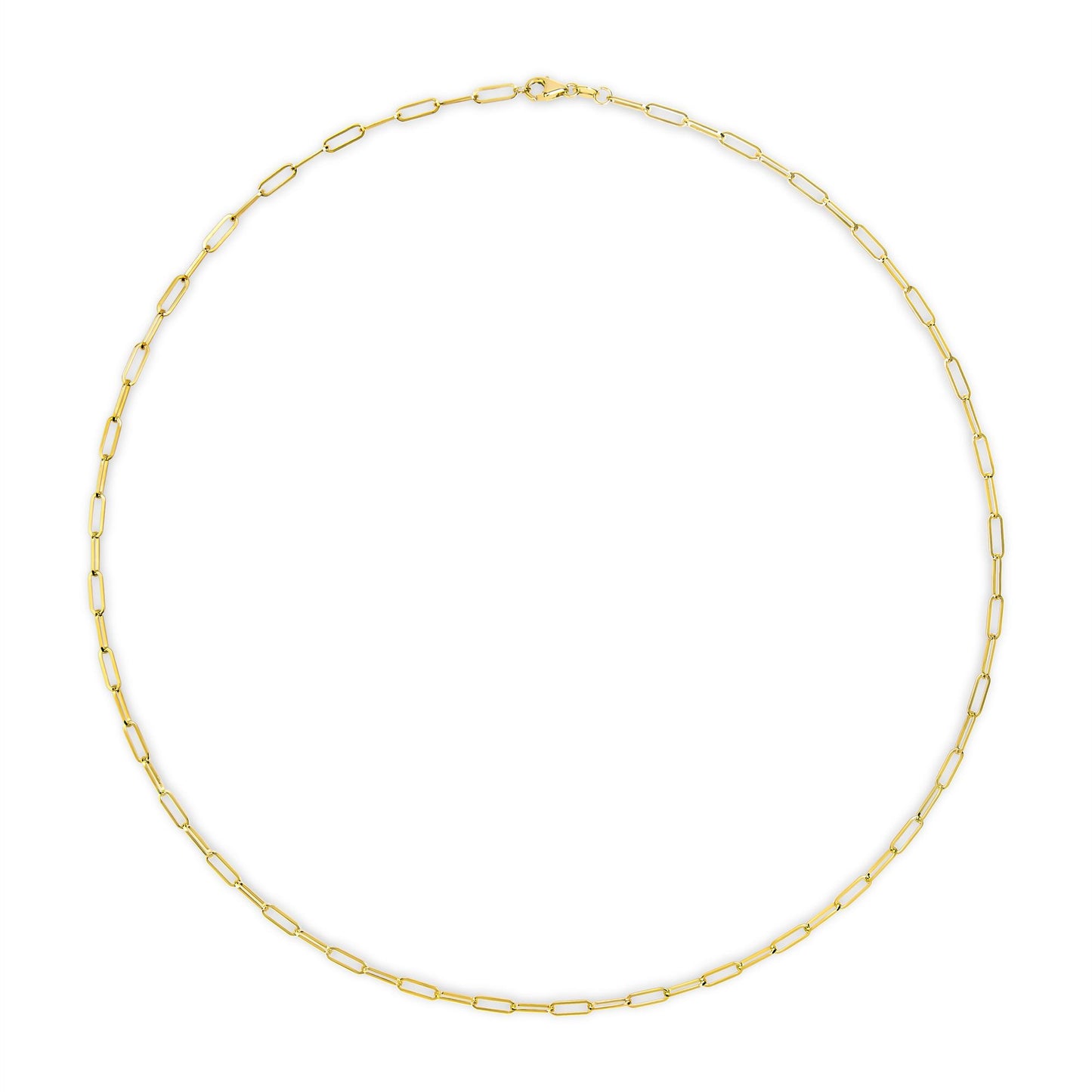 Top-down view of a yellow metal chain with elongated rectangular links.