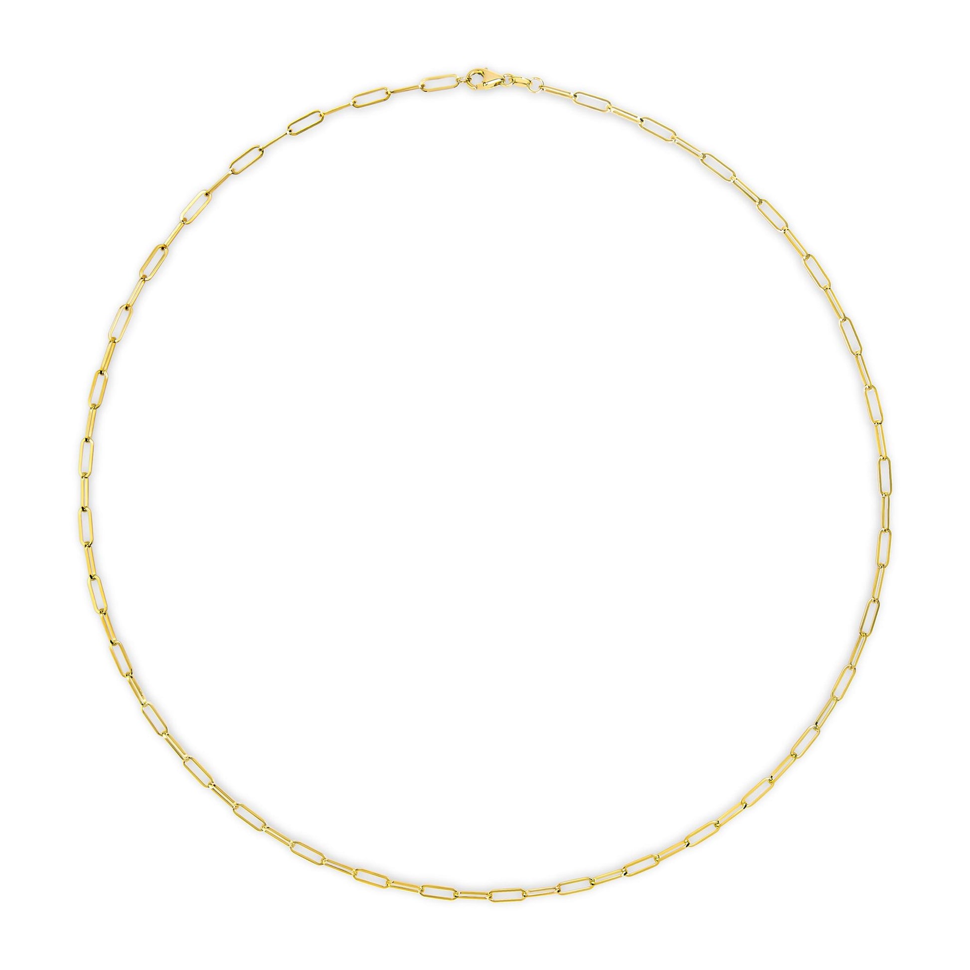 Top-down view of a yellow metal chain with elongated rectangular links.