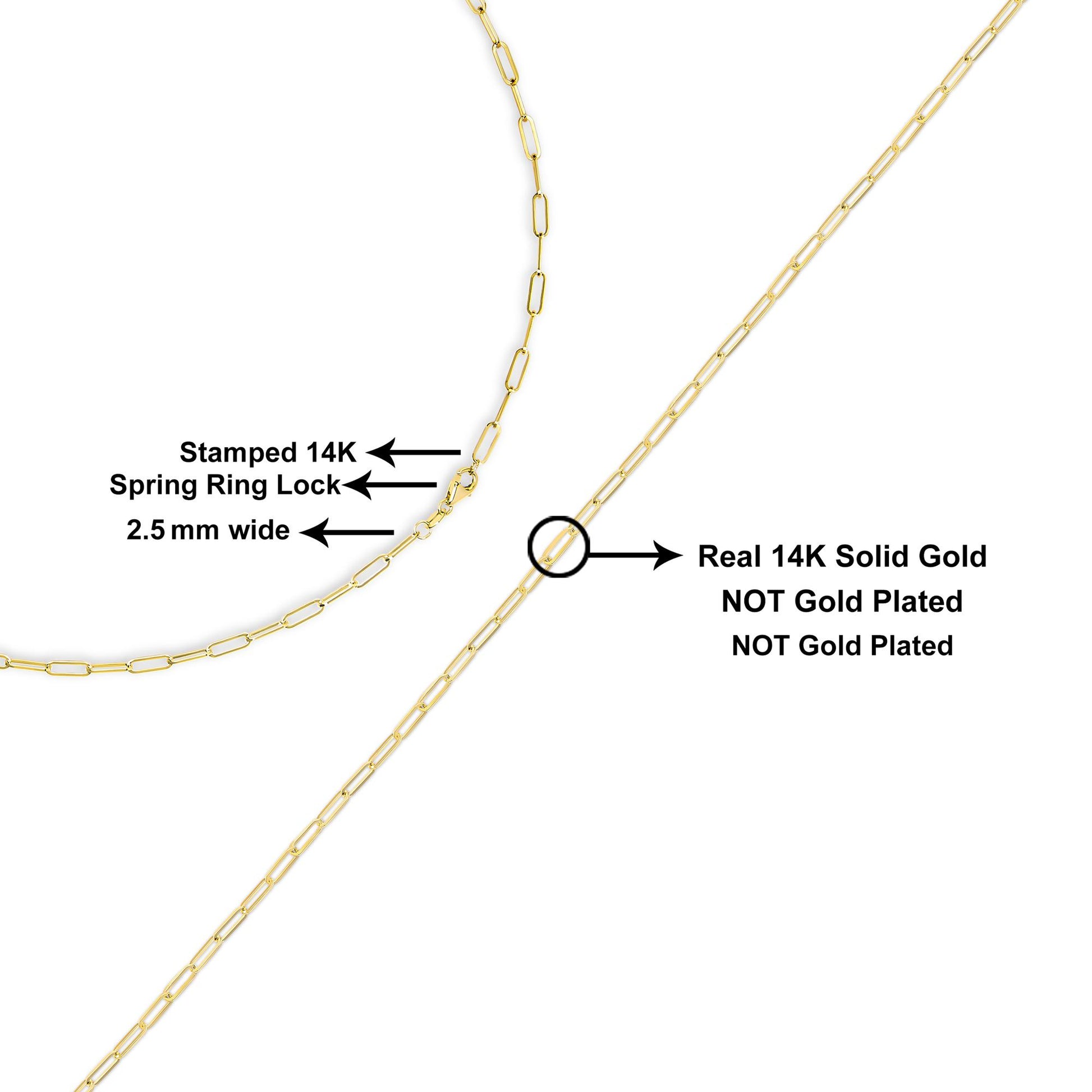 Close-up angled view of a yellow chain with rectangular links featuring a spring ring lock, shown with text annotations on a white background.
