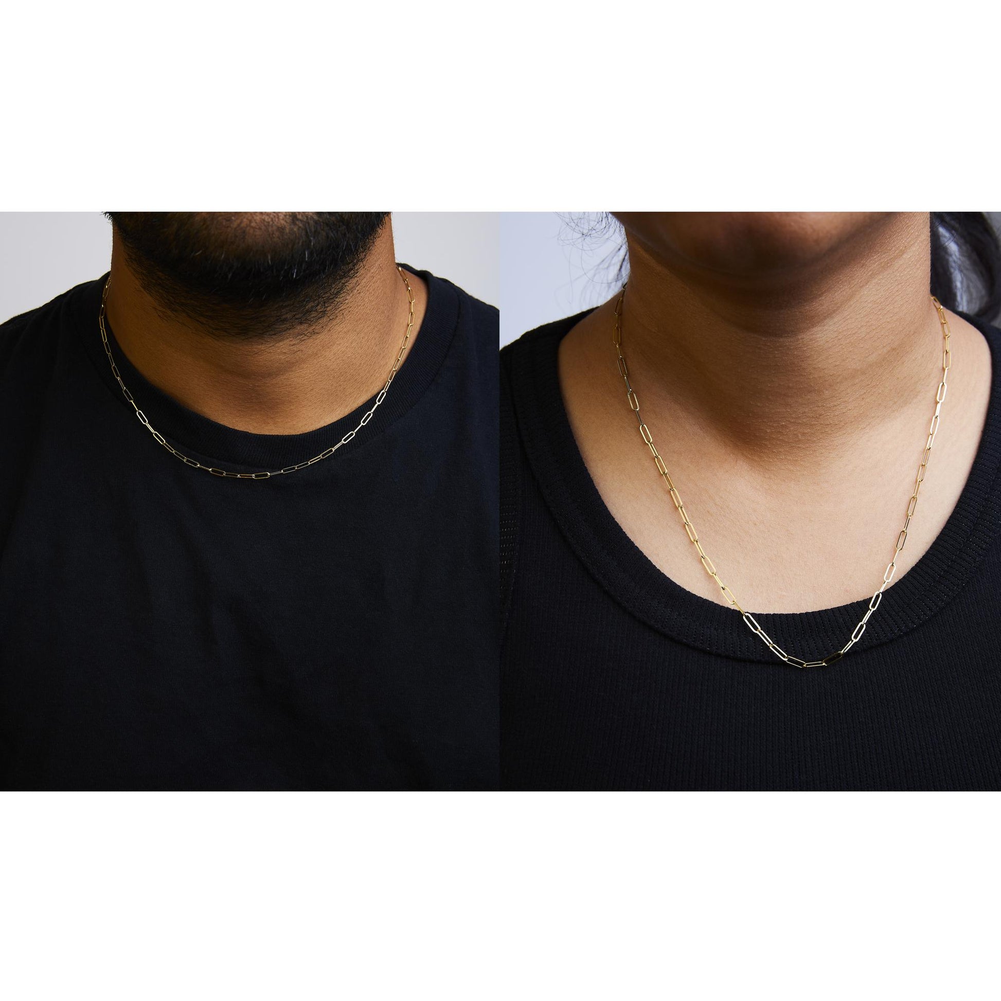 Close-up front view of two yellow metal chain necklaces with elongated links, one worn by a person in a black shirt and the other by a person in a black tank top.