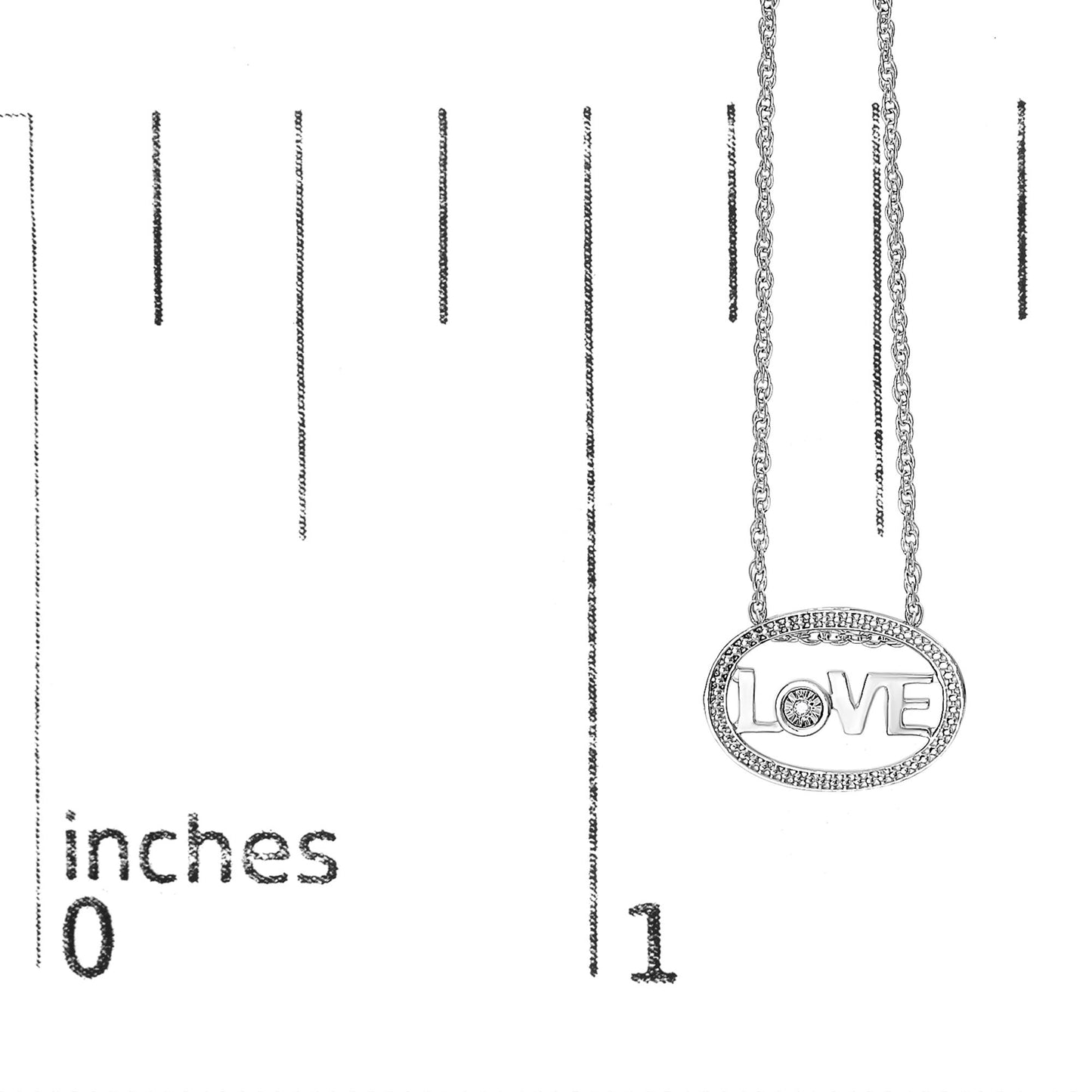 Close-up front view of a white necklace with an oval pendant featuring the word 'LOVE' and a round white gemstone in the center, shown on a ruler for size reference.