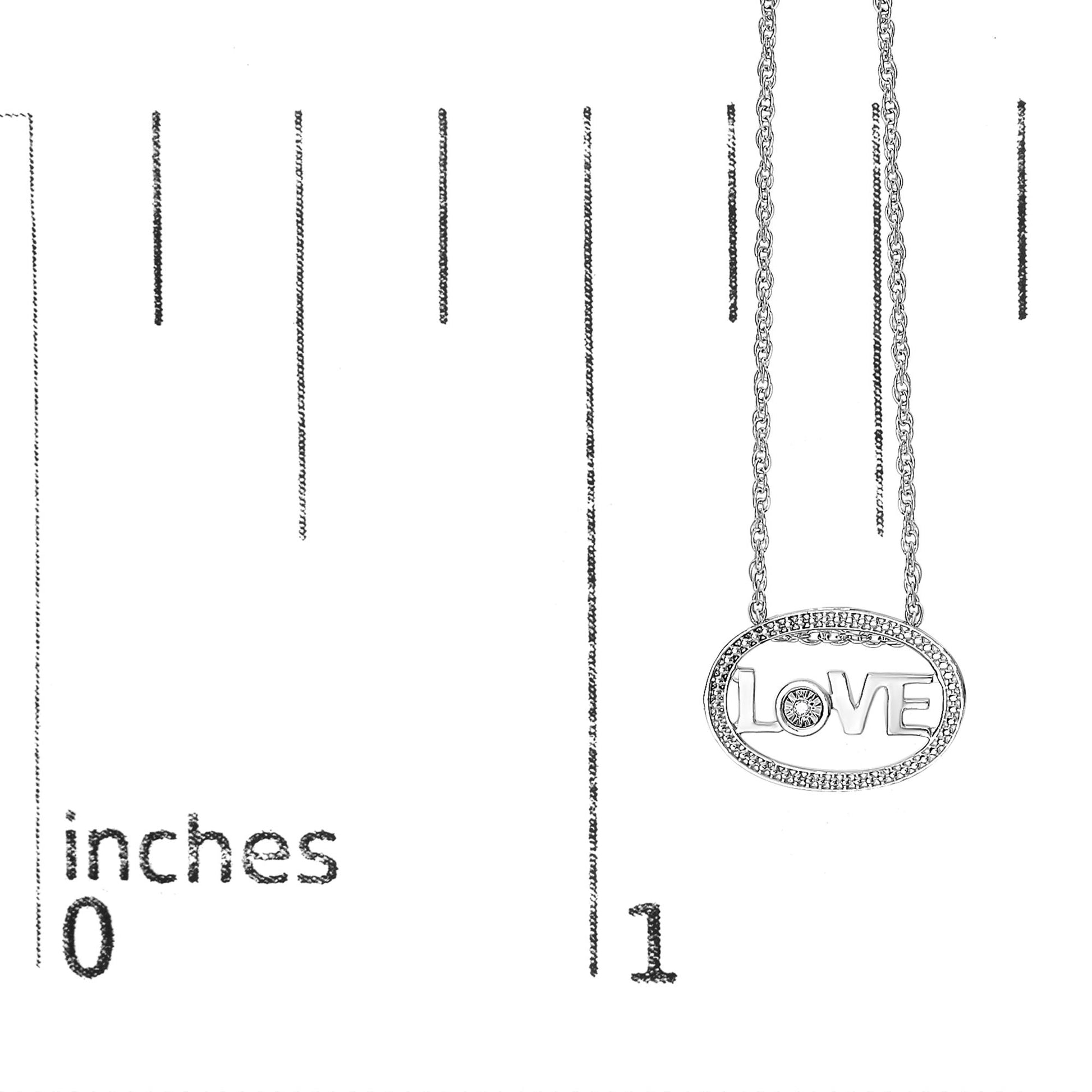 Close-up front view of a white necklace with an oval pendant featuring the word 'LOVE' and a round white gemstone in the center, shown on a ruler for size reference.
