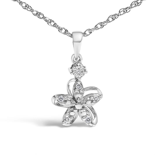 Front angle of a white metal necklace with a flower-shaped pendant featuring six round white gemstones in prong settings.
