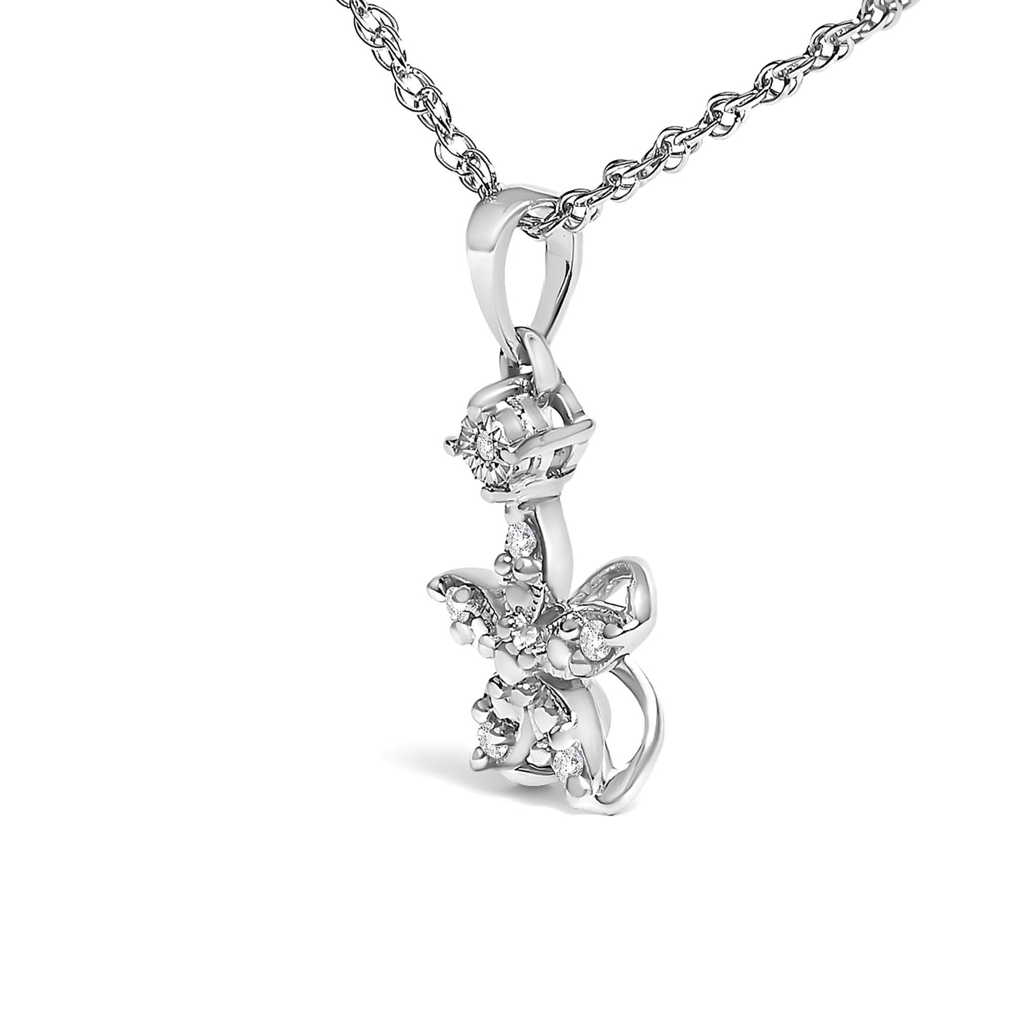 White metal necklace with a butterfly-shaped pendant accented with round white gemstones in prong settings, shown from a front angle.