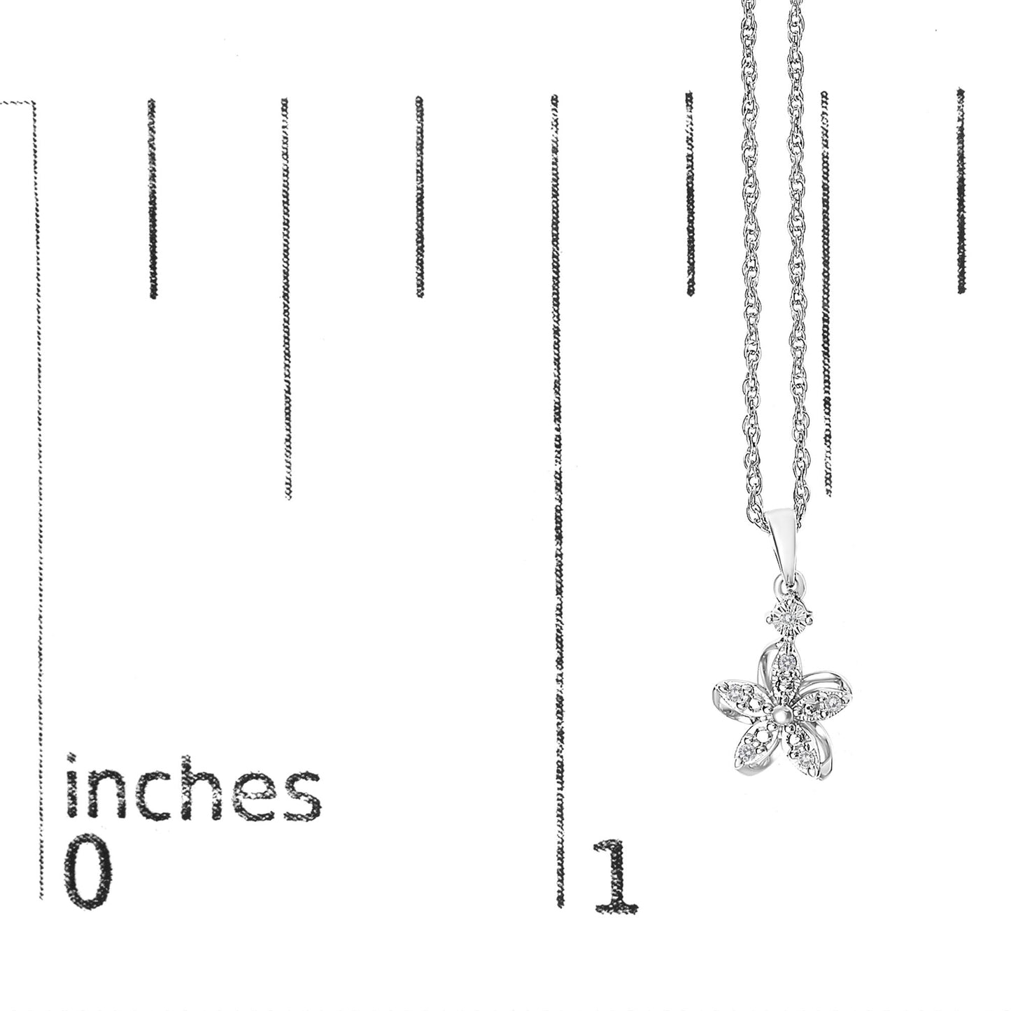 Close-up front view of a white metal necklace with a flower-shaped pendant featuring six round white gemstones in prong settings, placed on a ruler for size reference.