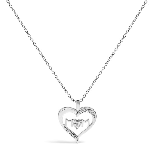 Front-facing shot of a white metal heart-shaped necklace pendant with embedded white gemstones and a central cluster of white round prong-set gemstones, suspended from a fine white metal chain.