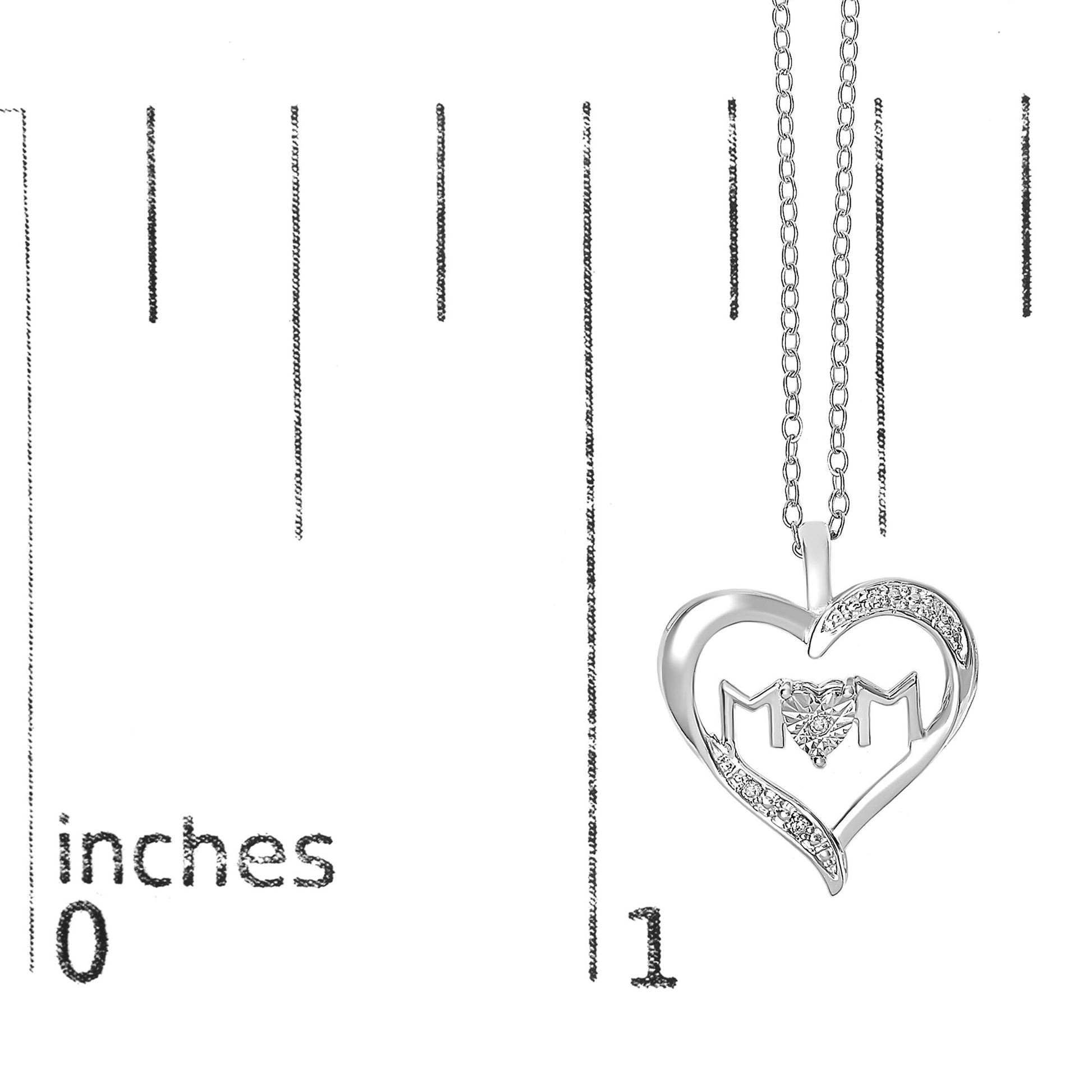 White metal necklace with heart-shaped pendant featuring five round white gemstones in prong settings, shown against a ruler for size reference, front-facing angle.