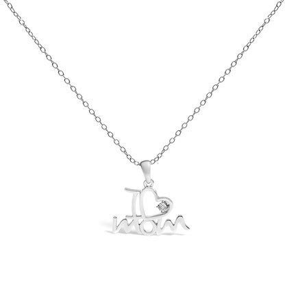 Front view of white necklace with 'I love mom' pendant, featuring a heart shape with a round white gemstone in prong setting.