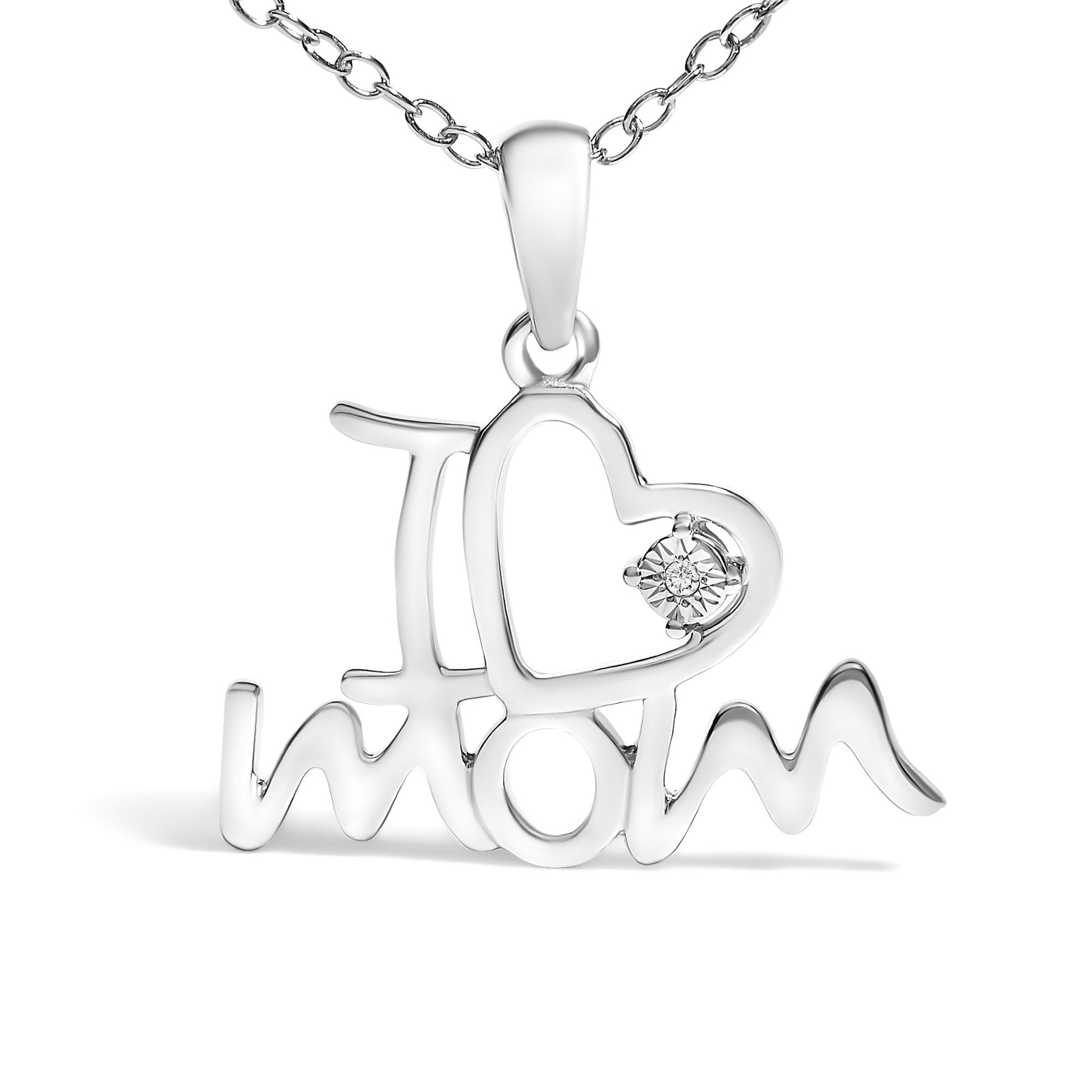 Front view of a white metal necklace pendant spelling 'I love mom' with a heart shape containing a single white gemstone in a prong setting.