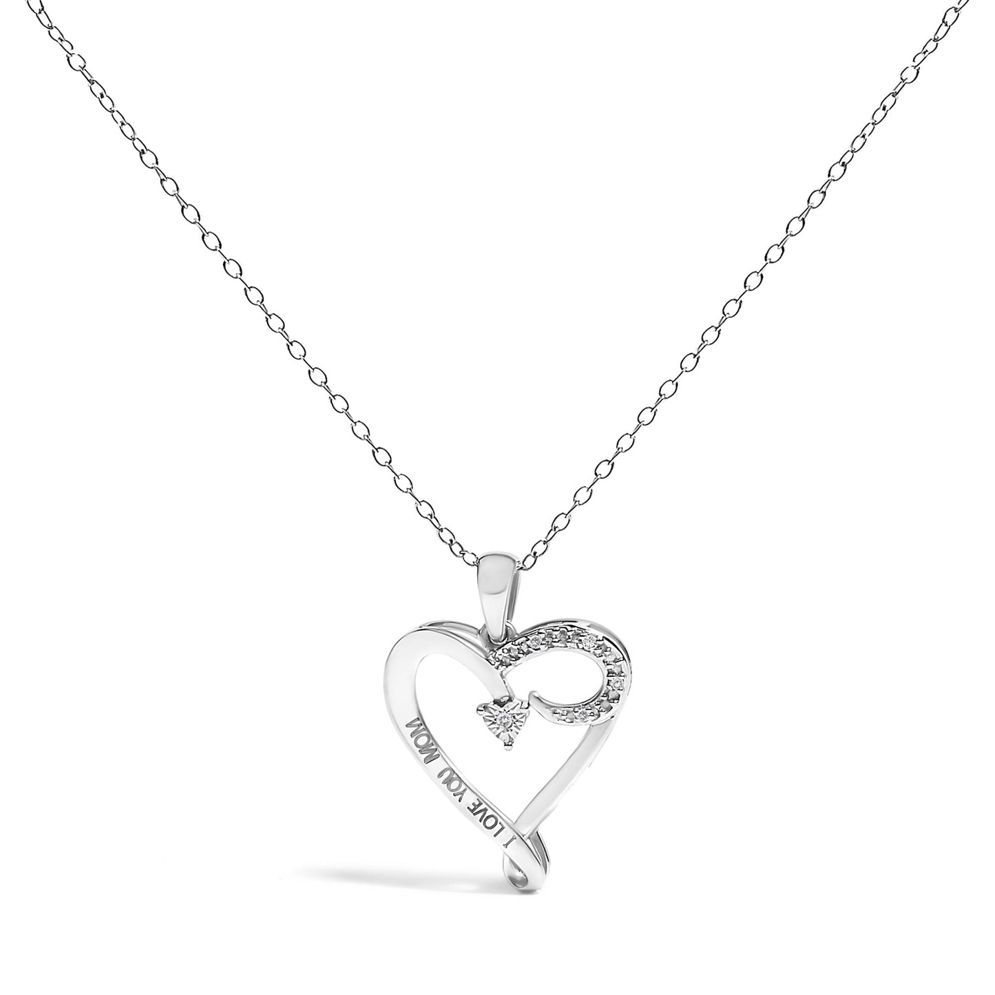 Front-facing white metal heart-shaped necklace pendant with five round white gemstones in prong settings and engraved text, displayed against a white background.