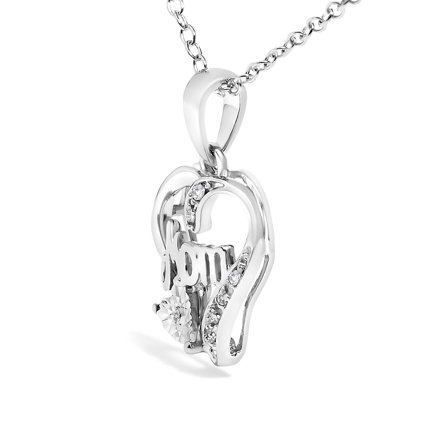 White metal heart-shaped necklace pendant with the word 'Mom,' accented with small white gemstones, shown at a slight angle.