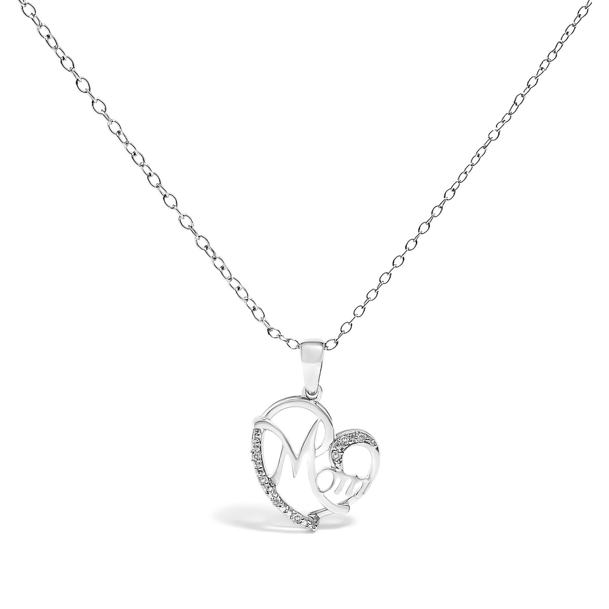 White metal necklace with a heart-shaped pendant featuring 'Mom' script and accented with round white gemstones, shown in a front-facing angle.