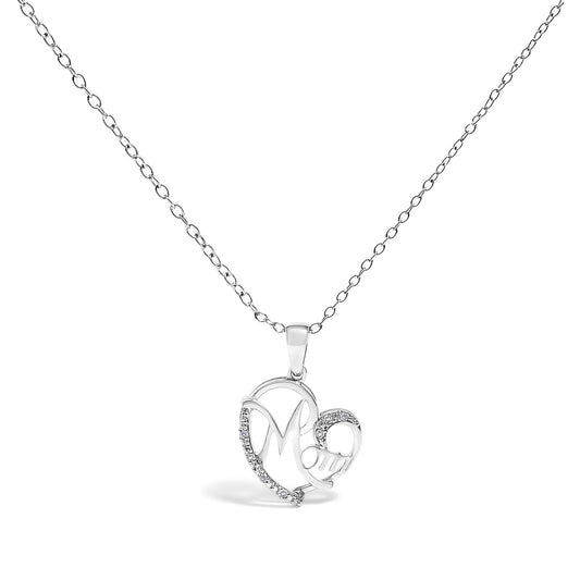 White metal necklace with a heart-shaped pendant featuring 'Mom' script and accented with round white gemstones, shown in a front-facing angle.