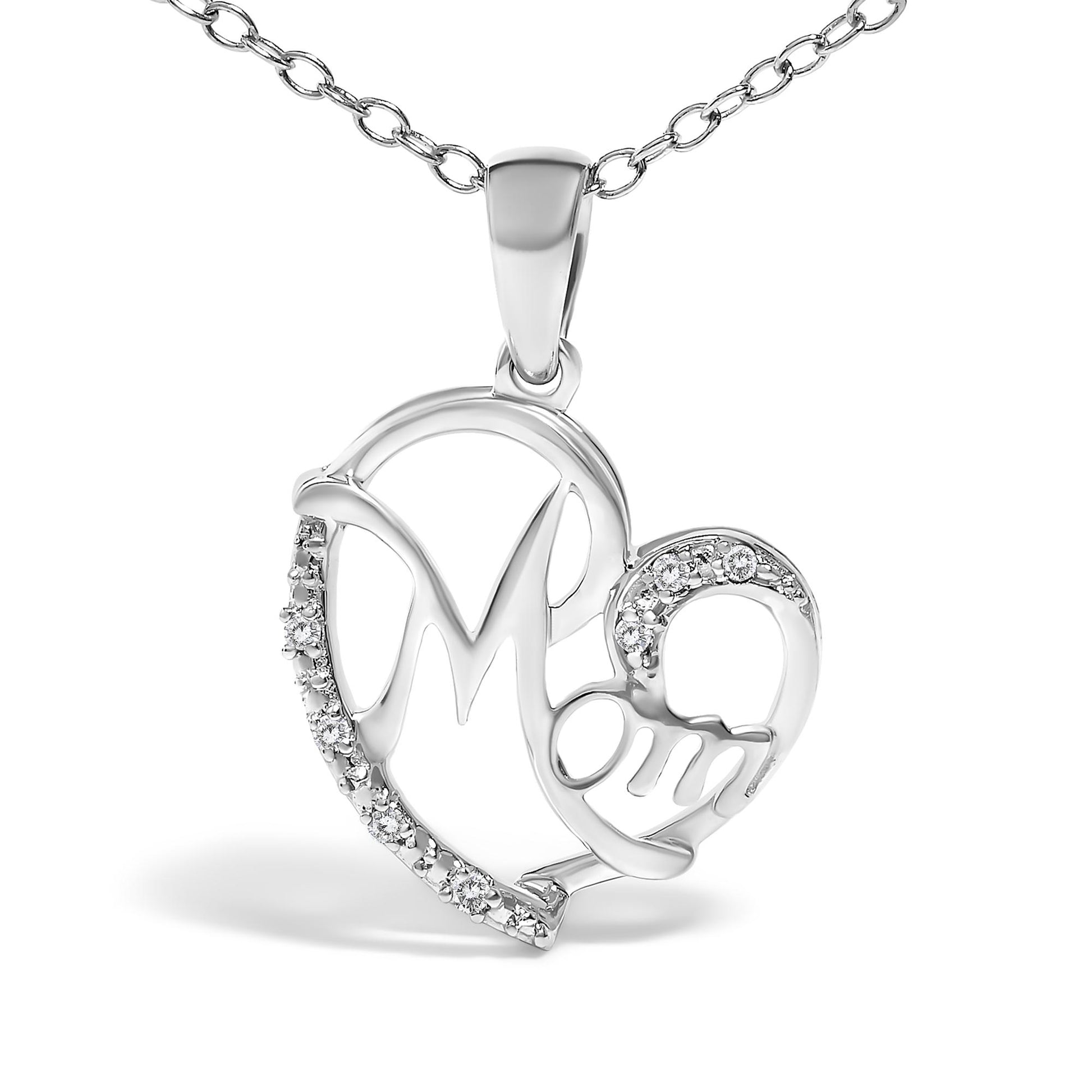 White metal necklace pendant shaped like a heart with the word 'Mom' and accented with round white gemstones, shown in a front close-up angle.