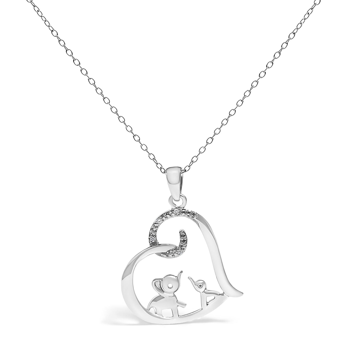 Front view of a white metal heart-shaped necklace pendant featuring an elephant and a bird inside, with part of the heart accented by white round gemstones in prong settings, hanging on a delicate chain.