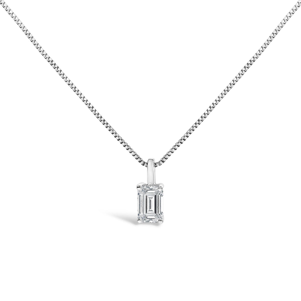 Front view of a white necklace with a rectangular-shaped white gemstone pendant in a four-prong setting.