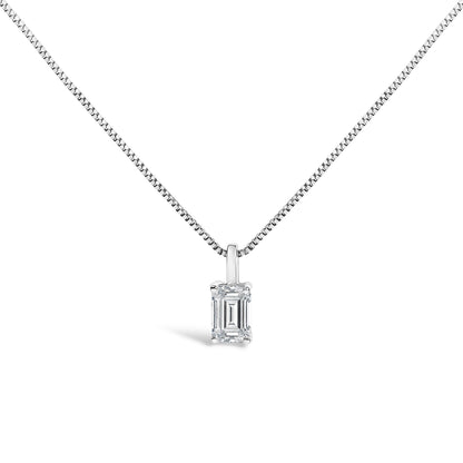 Front view of a white necklace with a rectangular-shaped white gemstone pendant in a four-prong setting.