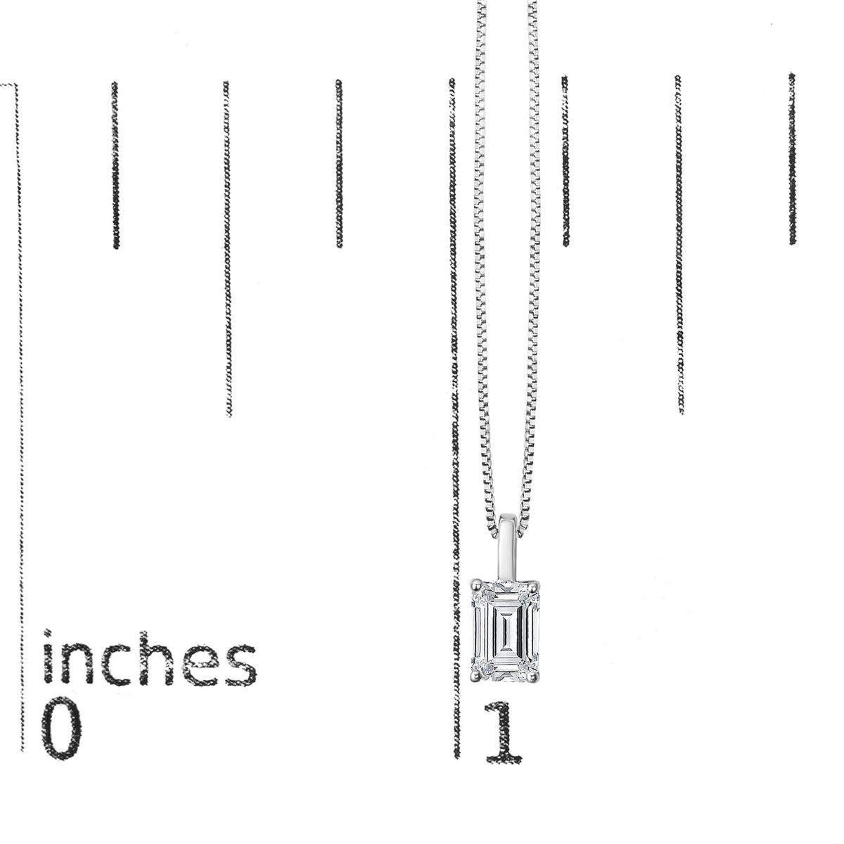 Close-up front view of a white necklace with a single emerald-shaped white gemstone pendant shown on a scale.