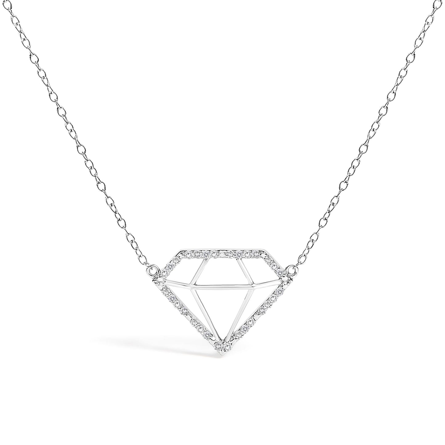 Front view of a white metal necklace with a geometric diamond-shaped pendant outlined with round white gemstones in prong settings.