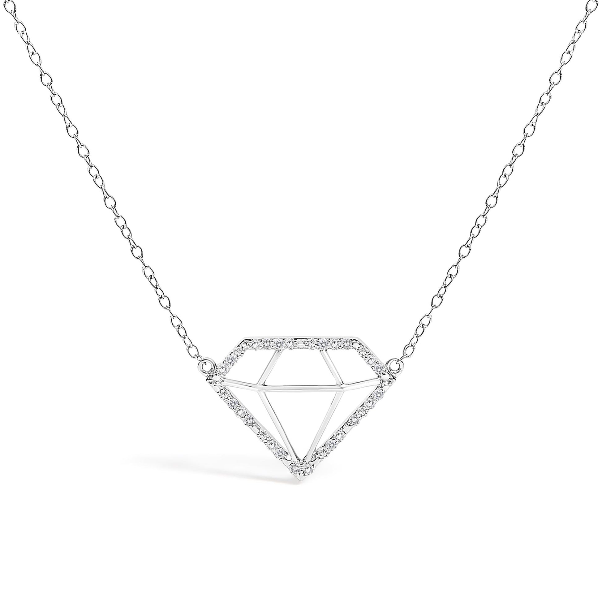 Front view of a white metal necklace with a geometric diamond-shaped pendant outlined with round white gemstones in prong settings.