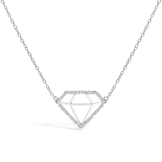 Front view of a white metal necklace with a geometric diamond-shaped pendant outlined with round white gemstones in prong settings.