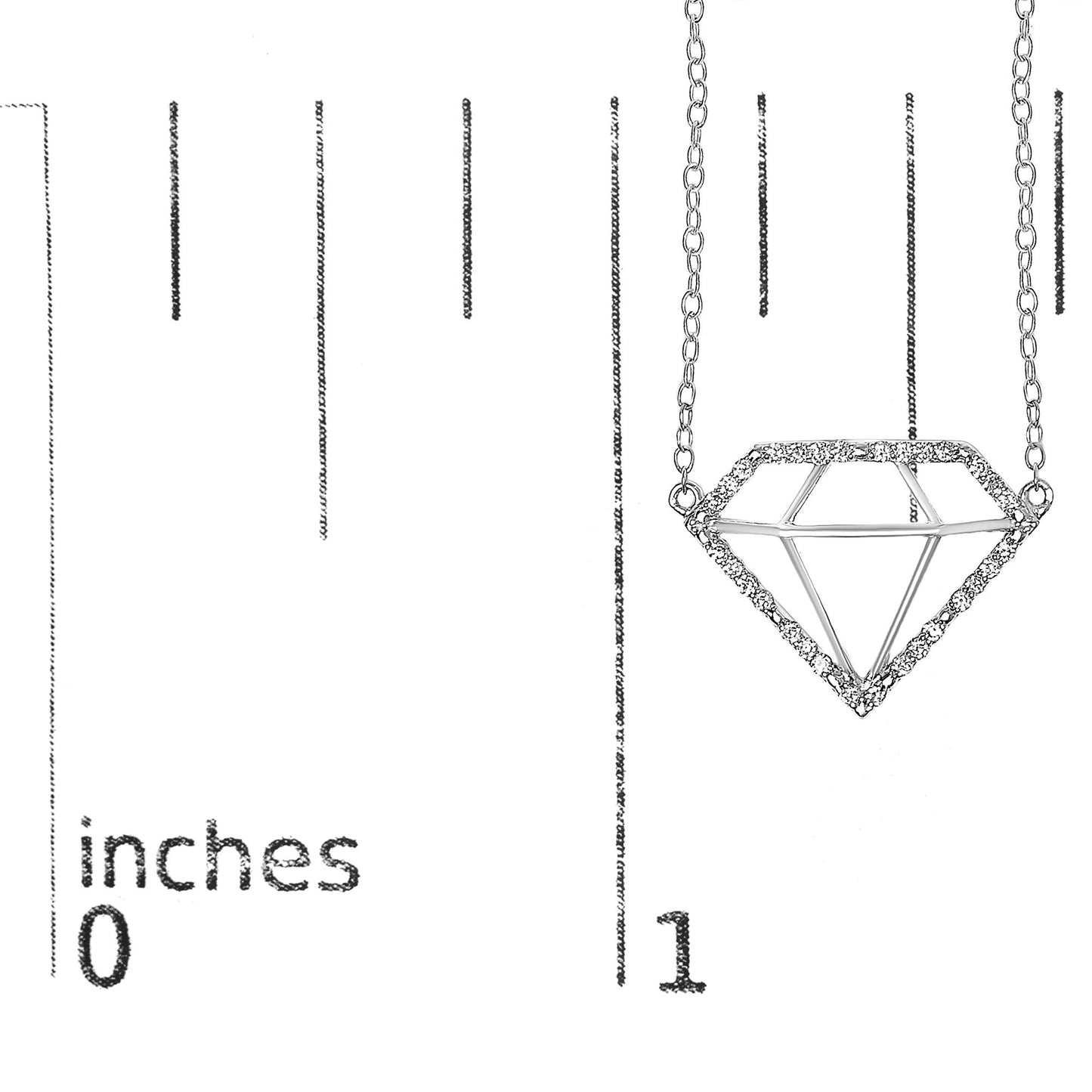 Close-up of white metal necklace with diamond-shaped pendant outlined with small round white gemstones in prong settings, shown on a ruler for size reference.