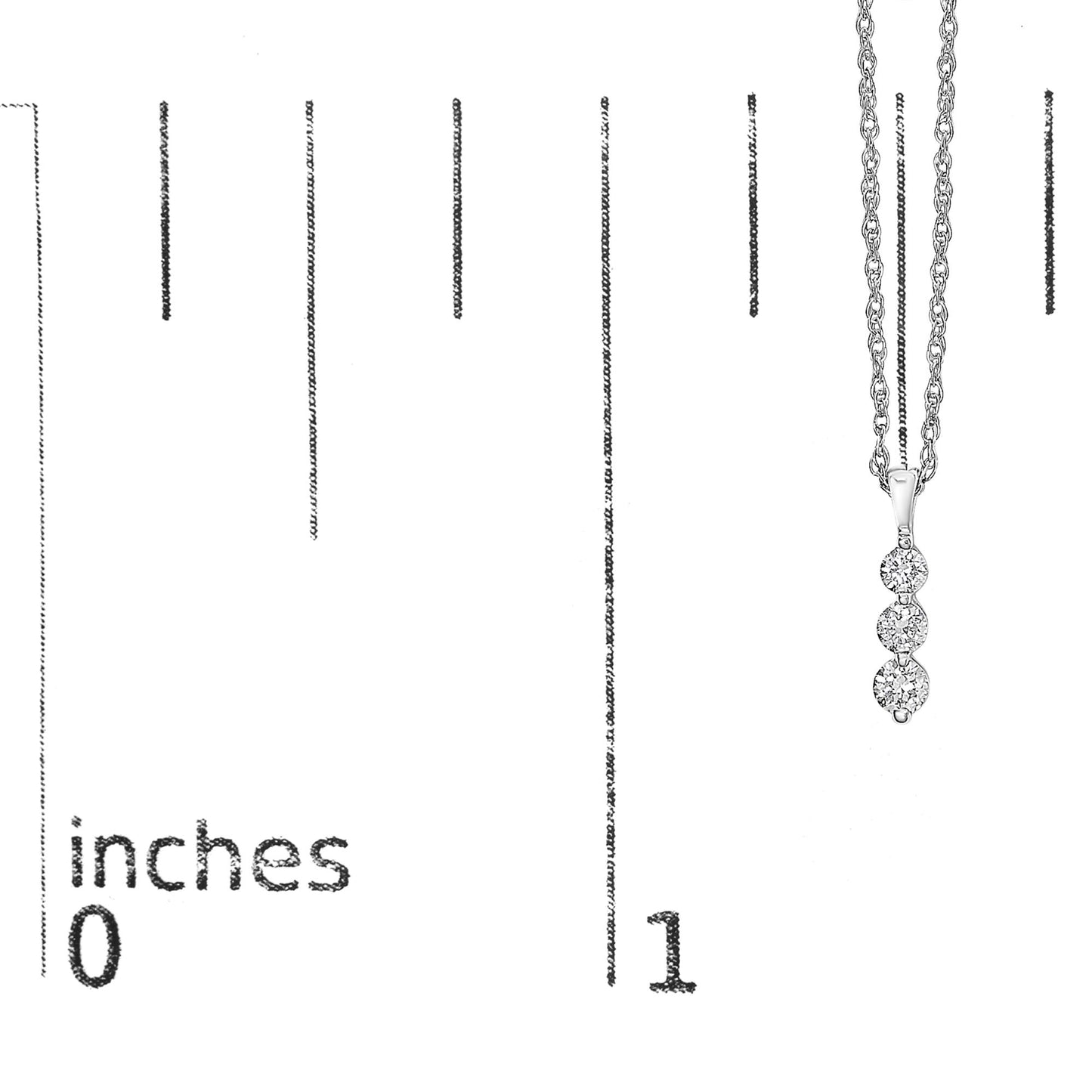 White metal necklace with three round white gemstones in prong setting pendant, shown hanging next to a ruler for size reference, front view.