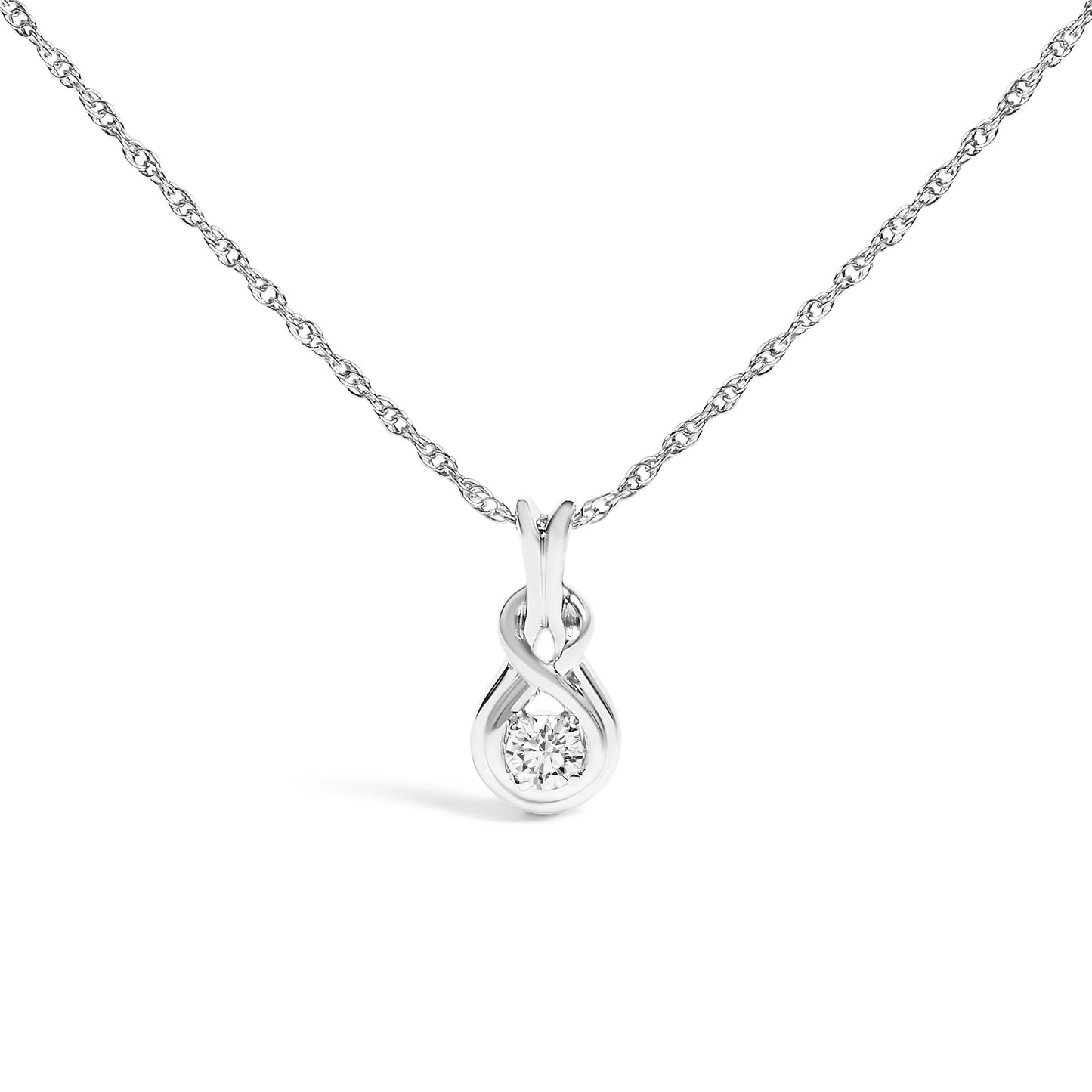 White metal necklace with a pendant featuring an infinity loop design and a single round white gemstone in prong setting, shown from a front angle on a white background.