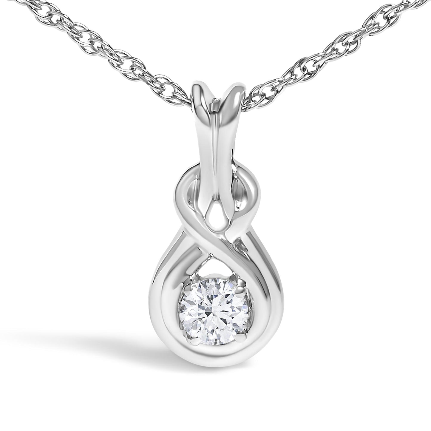 Front close-up of a white metal necklace with an infinity-shaped pendant holding a round white gemstone in a prong setting.