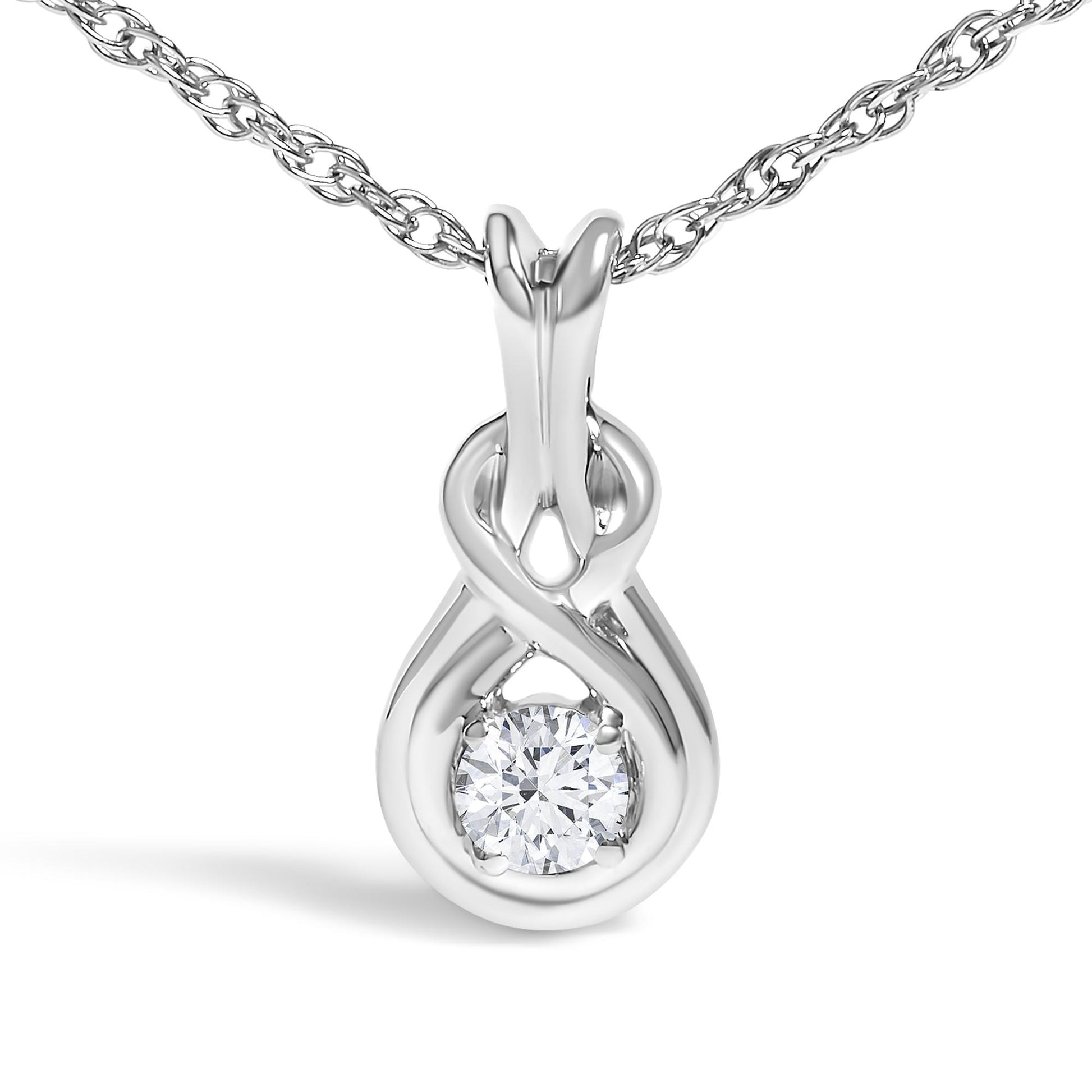 Front close-up of a white metal necklace with an infinity-shaped pendant holding a round white gemstone in a prong setting.
